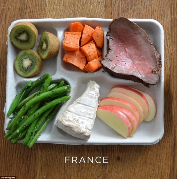 Phomat, đậu đũa xanh, cà rốt, thịt bò cùng                                                          táo và kiwi là                                                          suất ăn của                                                          các trường học                                                          tại Pháp.
